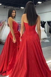 A-Line Strapless Corset Satin Red Prom Dress with Big Bow